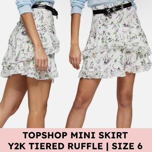 Topshop Floral Ruffle Mini Skirt Tiered Ivory Multi Cottagecore US 6